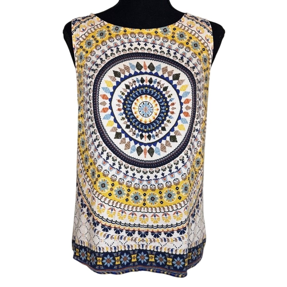 Renee C‎ Yellow Sleeveless Boho Mandala Tank Top Size Small Split Back